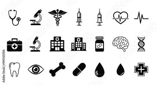 Black medical icons representing healthcare science and anatomy silhouette