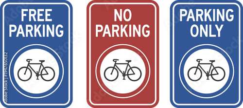 Bicycle parking sign collection with free parking, no parking, and parking only symbols, urban traffic regulation signage vector illustration