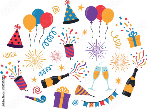 Birthday Party Celebration Vector Collection with Balloons Fireworks Champagne Gifts Party Hats Festive Illustration Set