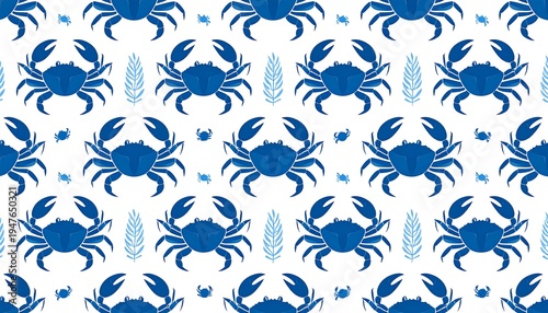 Blue crabs and fern-like elements create a repeating pattern on a white background, suggesting a coastal or nautical theme
