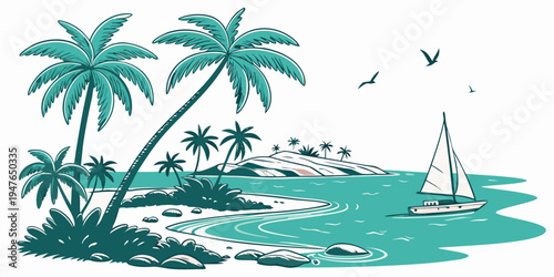 A serene tropical island with palm trees and a sailboat Vector