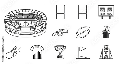 Rugby Icons Collection - Stadium, Goalposts, Scoreboard, and More.