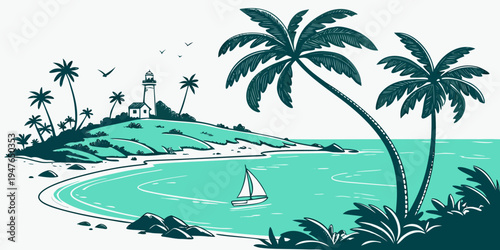 A serene tropical island scene with palm trees and a sailboat Vector