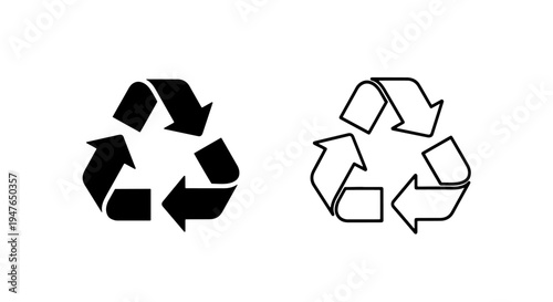 Recycling triangle symbol icon set in solid black and thin outline versions
