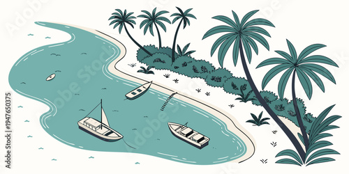 A serene tropical island with boats and palm trees Vector
