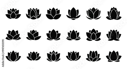 Arrangement of black lotus flowers in a repeating pattern silhouette