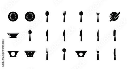 Black flatware and dishware icons arranged in a simple clean silhouette