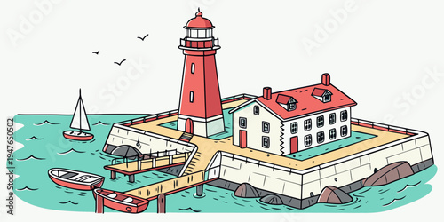 A red and white lighthouse on a small island Vector