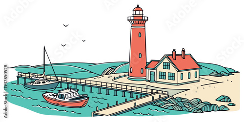 A red lighthouse next to a small house on a pier Vector