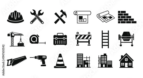 Construction tools and building icons in a black design silhouette