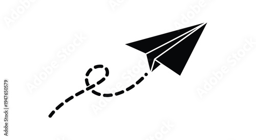A black paper airplane flies with a dotted trail silhouette