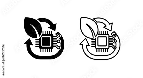Green technology icon with microchip leaf and recycling arrow for e-waste