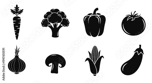 Variety of fresh vegetables depicted in a stark black silhouette