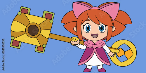 Cartoon Woman Holding Large Key to Treasure Chest.
