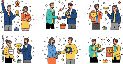 Business Achievement Award Vector Collection with Trophy Medal Winners Success Celebration Corporate Office Illustration Set