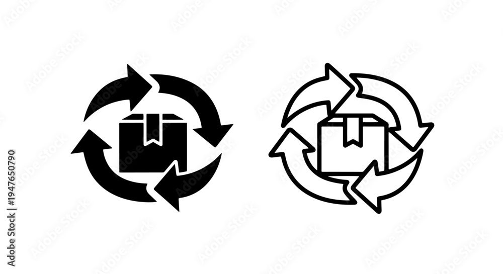 Obraz premium Cardboard box shipping icon with circular arrows for logistics and return process