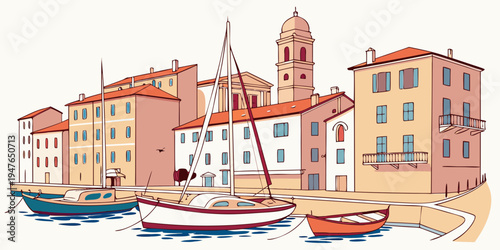 A colorful town by the sea with boats Vector