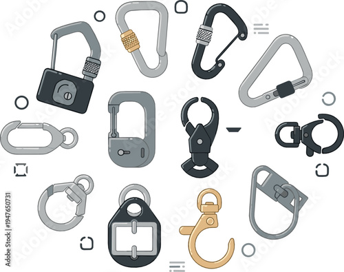 Carabiner Clips and Keychain Hooks Vector Collection with Metal Snap Hooks Mountaineering Hardware Illustration Set