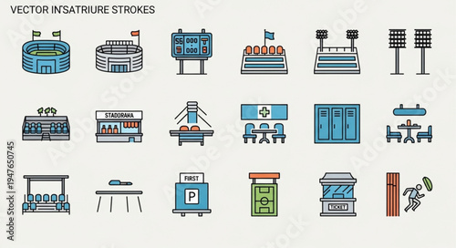 Vector Illustration of Stadium and Sports Facility Icons.
