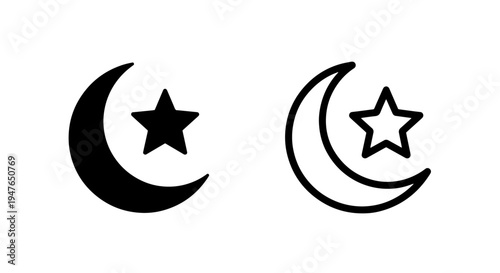 Moon and star icon set in solid and outline style for islamic and celestial designs
