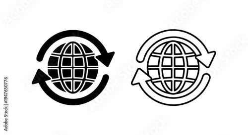 Globe earth icon with circular arrows for global business and recycling concepts