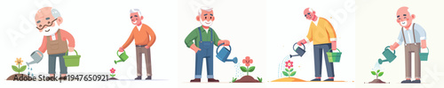 vector of a grandpa stand watering small flower in a pot during spring