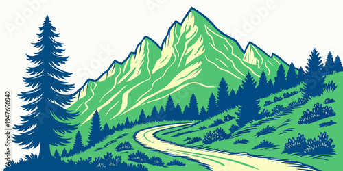 A green mountain with a winding road and trees Vector