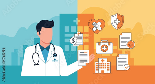 Healthcare professional with medical icons and financial elements a silhouette