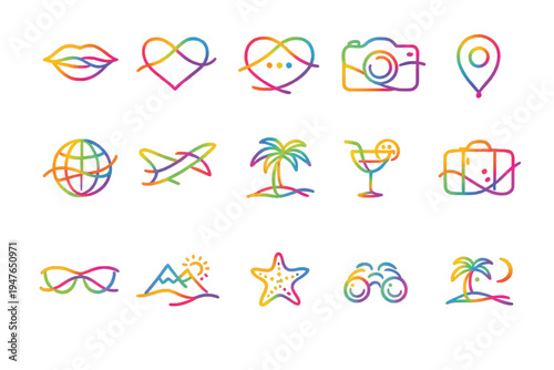 P“Gradient Travel Line Icons Set – Colorful Outline Symbols for Tourism, Vacation, Summer & Holiday Design” print