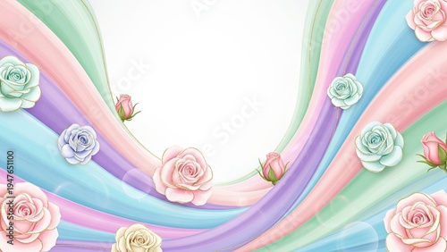 Elegant Pastel Floral Background with Roses and Soft Wavy Lines for Greeting Cards and Invitations