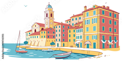 A colorful illustration of a european coastal town Vector
