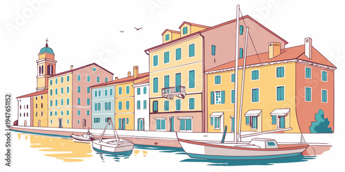 A colorful waterfront town with boats docked along the shore Vector