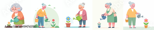 vector of a grandma stand watering small flower in a pot during spring