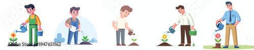 vector of a man stand watering small flower in a pot during spring