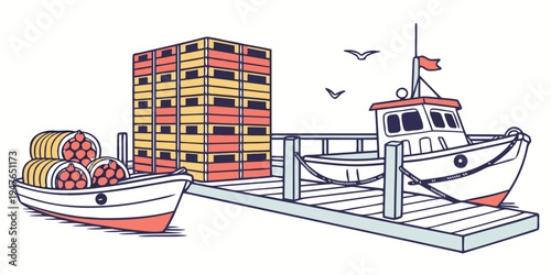 A cargo ship and a small boat are docked at a port with containers Vector