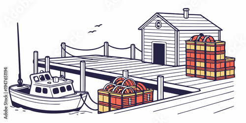 A cargo ship docked at a warehouse with shipping containers Vector