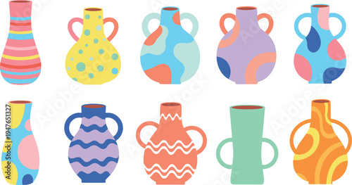 Colorful Abstract Ceramic Vases Vector Collection with Decorative Modern Pottery Home Decor Illustration Set