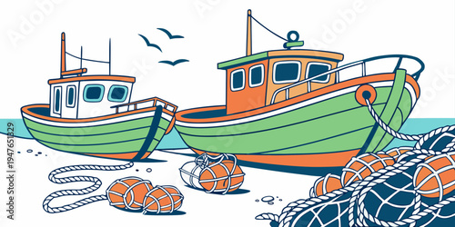 Two green and orange fishing boats on the water Vector
