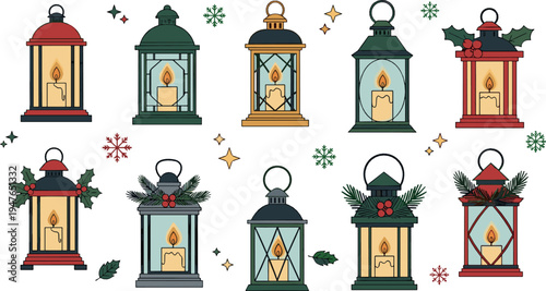 Christmas Lantern Vector Collection with Holiday Candle Lanterns Festive Winter Decoration Illustration Set