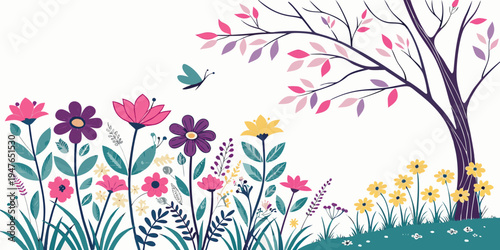 A tree with flowers and a butterfly in a garden Vector