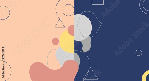 Abstract geometric shapes in peach and navy with a figure silhouette