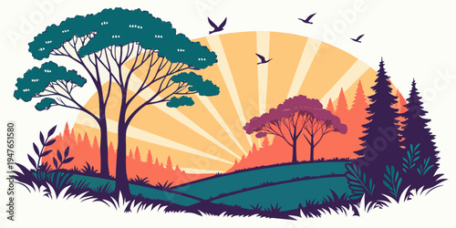 A serene landscape with trees at sunset Vector