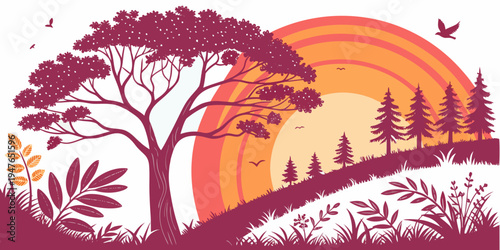 A tree on a hill at sunset with a rainbow Vector