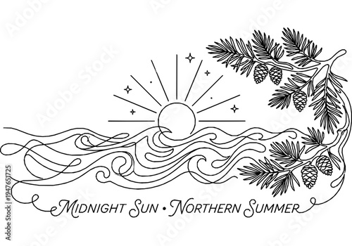 Nature Harmony Monoline Background with Northern Sun and Waves