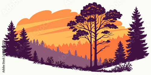 A pixel art illustration of a tree at sunset Vector