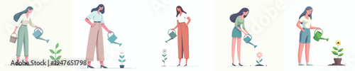 vector of a woman stand watering small flower in a pot during spring