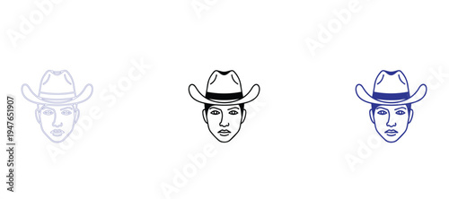  Minimalist Line Art of Cowboy Face with Hat, Western American Culture and Rodeo Concept Vector Icon Set, Rugged Male Character Outline Illustration, Clean 2pt Stroke Graphic Design for Heritage