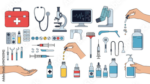 Extensive collection of healthcare and laboratory equipment icons featuring a microscope, medicine, surgery tools, and diagnostic devices.