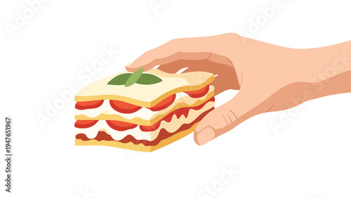 Human hand reaches out to pick up a delicious square slice of multilayered lasagna topped with fresh basil leaves in a food illustration.