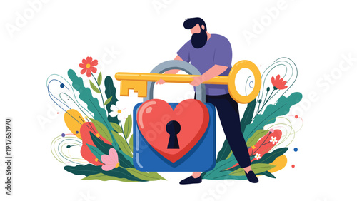 Man holds a large golden key to unlock a big heart shaped padlock surrounded by blooming colorful flowers and green leaves in a garden.